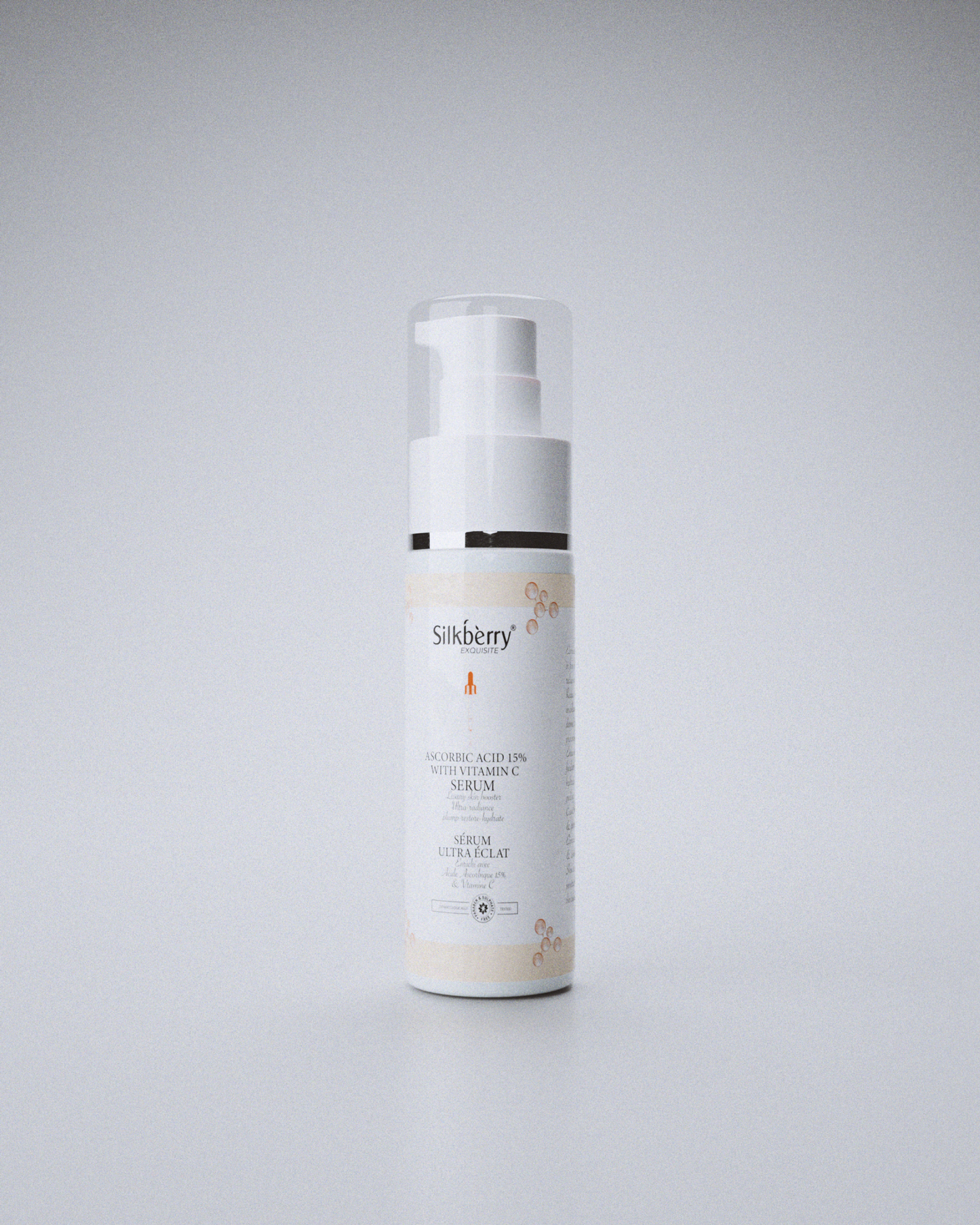 A bottle of Skin Booster Face SERUM with a white pump dispenser, labeled with the brand Silk Berry.